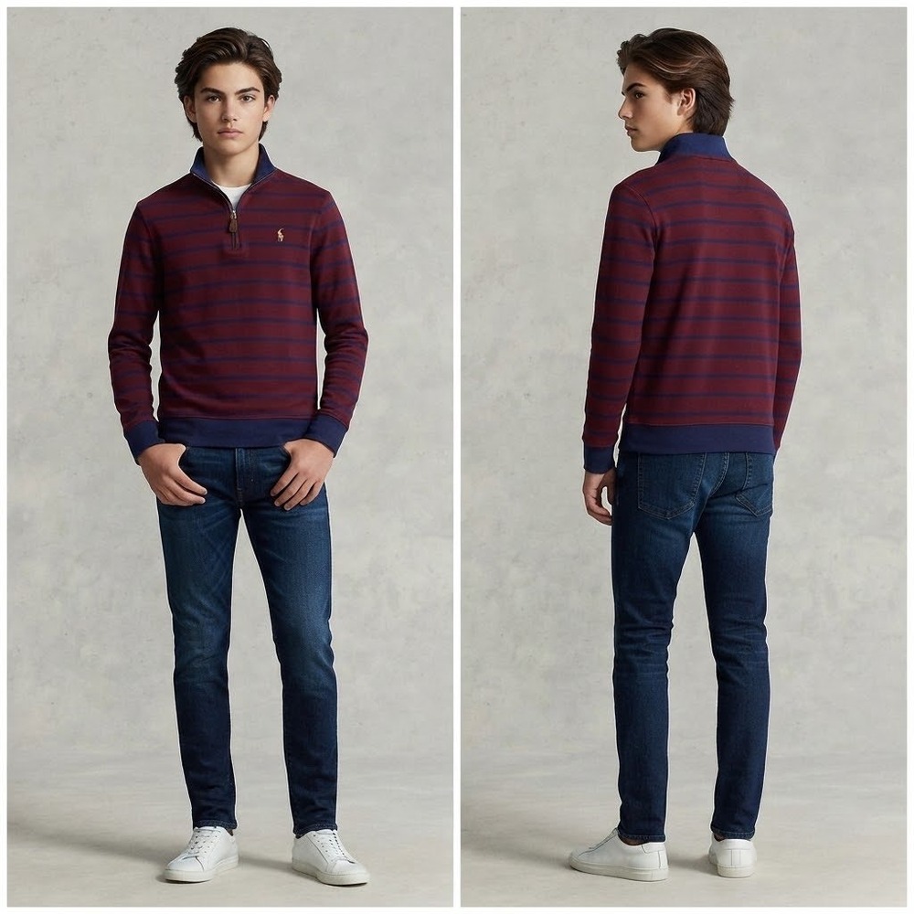 Polo Ralph Lauren Boys Large 14-16 Quarter Zip Pullover Burgundy Navy Striped